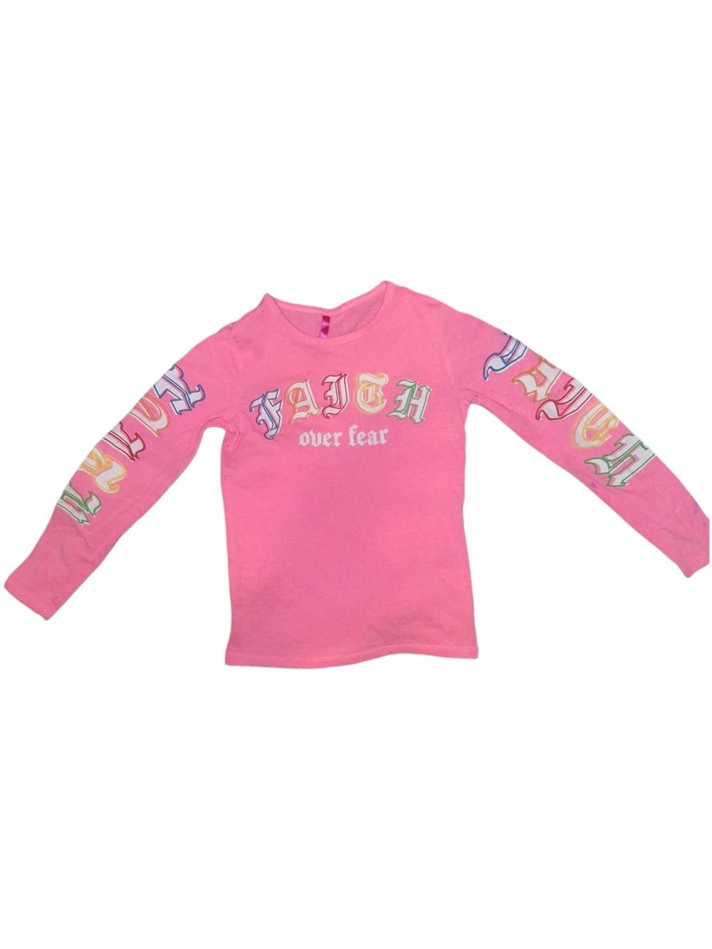 Kids Faith Over Fear Pink Long Sleeve Graphic T-Shirt Old English Font Sz 7/8